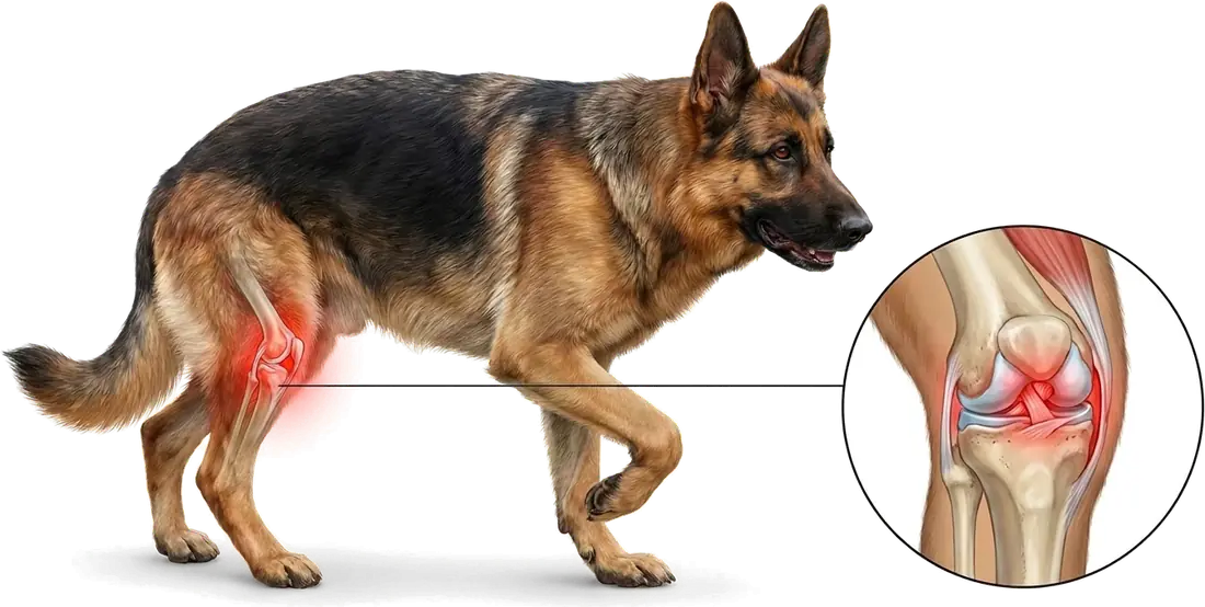 Ilustração de um cão com o joelho da pata traseira destacado e, ao lado, o detalhe ampliado da articulação